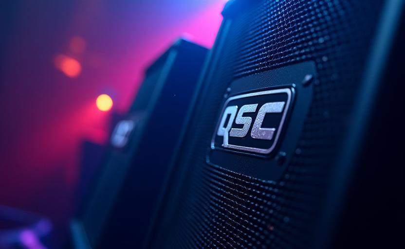 Detalle de altavoces QSC y focos LED en montaje
