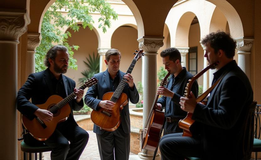 Músicos del Ensemble Jazz Alhambra afinando en un patio nazarí